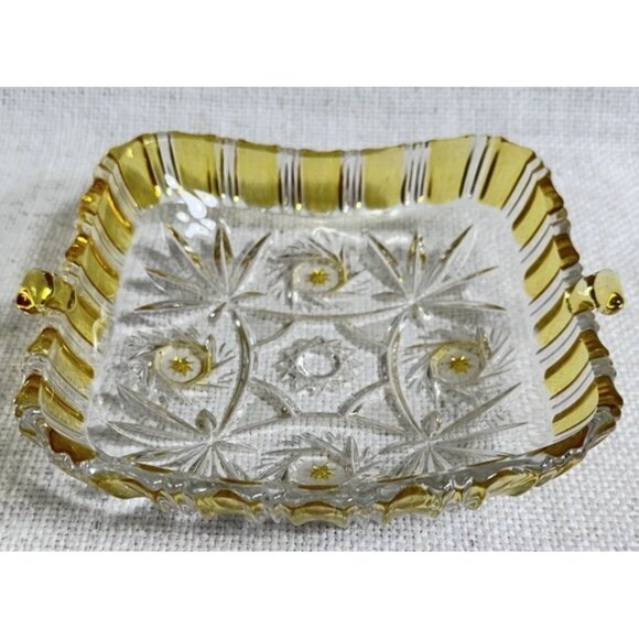 Vintage Mikasa Walther Crystal and Amber Yellow Bowl Dish With Knob Handles - Picture 1 of 7